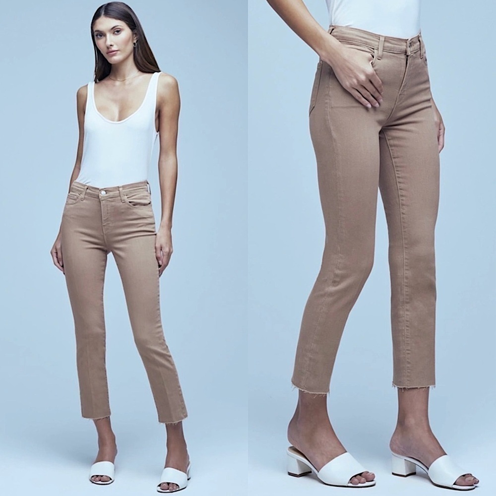 NWT L’AGENCE Beige Denim High Waist Straight Leg Ankle Crop Raw Fray Hem Jean 25